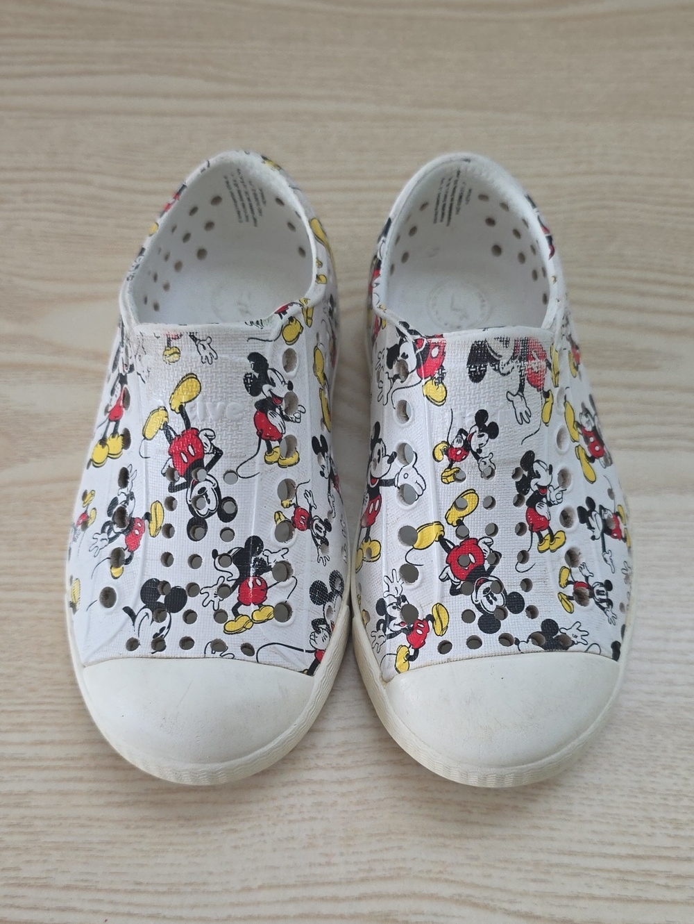 Native Shoes Kids White Slip-On Sneakers with Red & Yellow Mickey Print